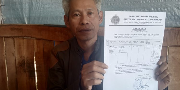 Kehilangan Sertifikat Tanah, Edi Ipung Lapor Ke BPN Kota Tasikmalaya